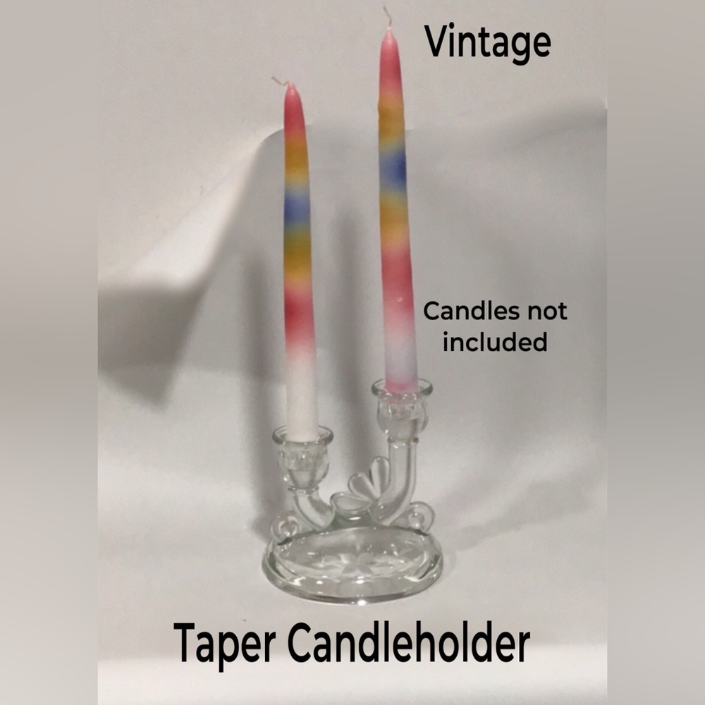 Vintage Glass Double Clear Candle Holder for Tapers Wheat Etching